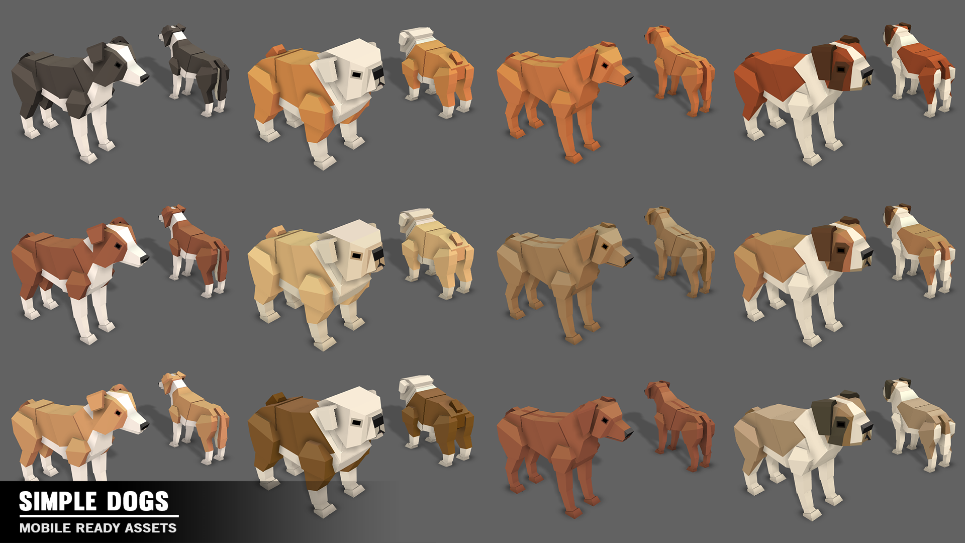 Simple Dogs Cartoon Animals assets including border collie, saint bernard and bulldog