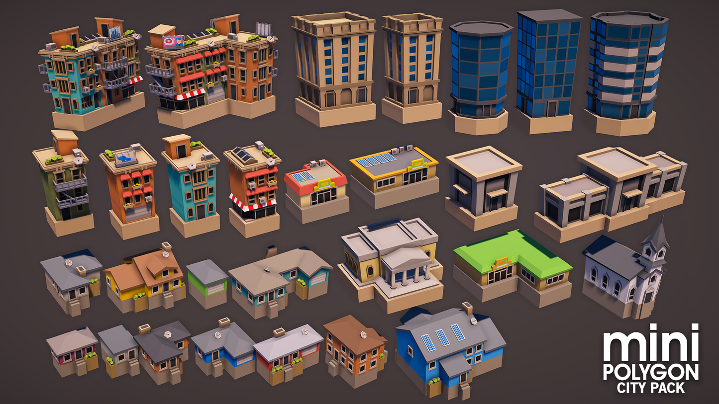 Mobile game city building assets including government buildings, apartments and commercial shop fronts