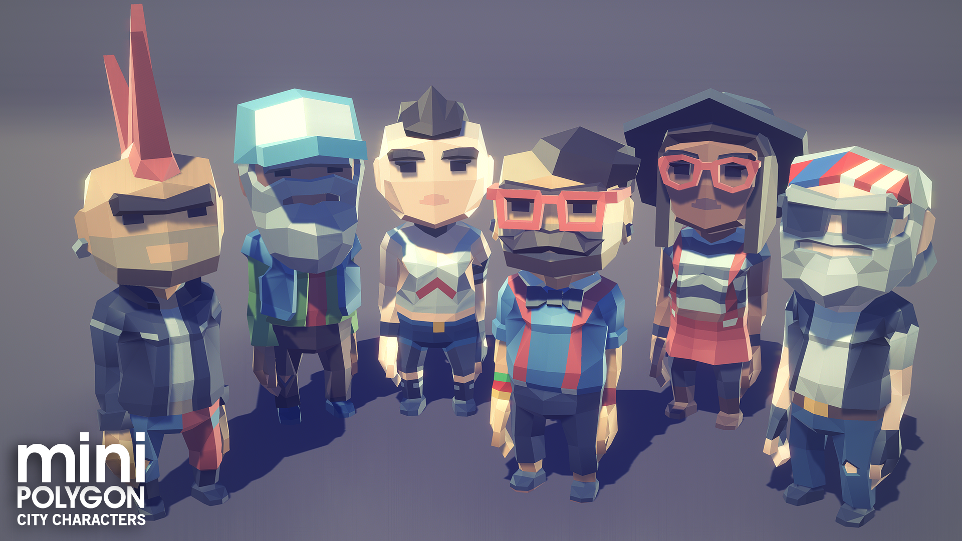 Mini city character asset examples including bikers, teachers, punks and homeless people