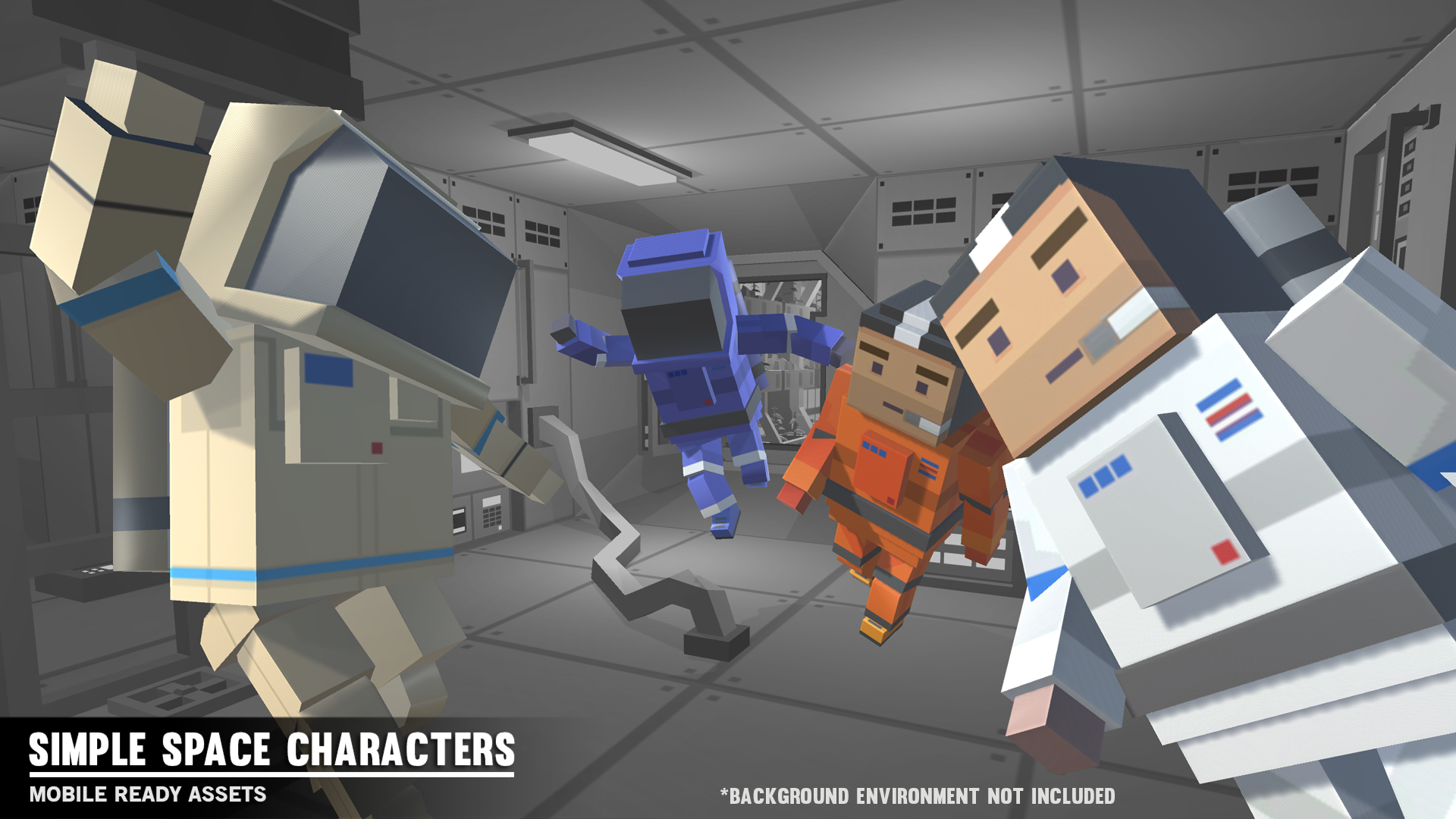 Simple Space characters floating on a spaceship in zero gravity