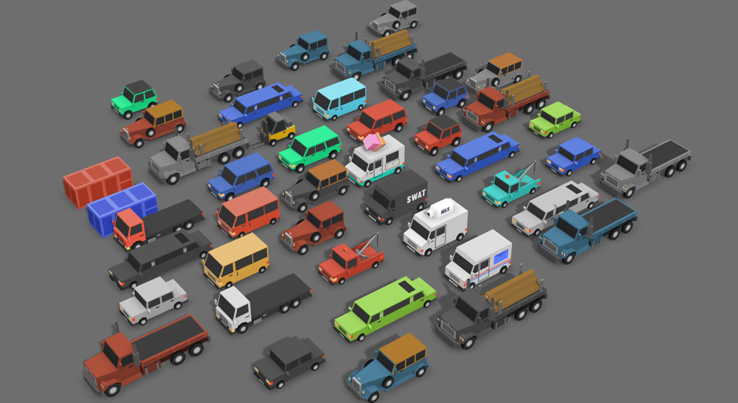 Side view of all available 3D low poly car vehicle assets in the SImple Cars Pack