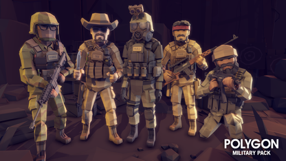 Five soldiers showcasing different outfits and gear