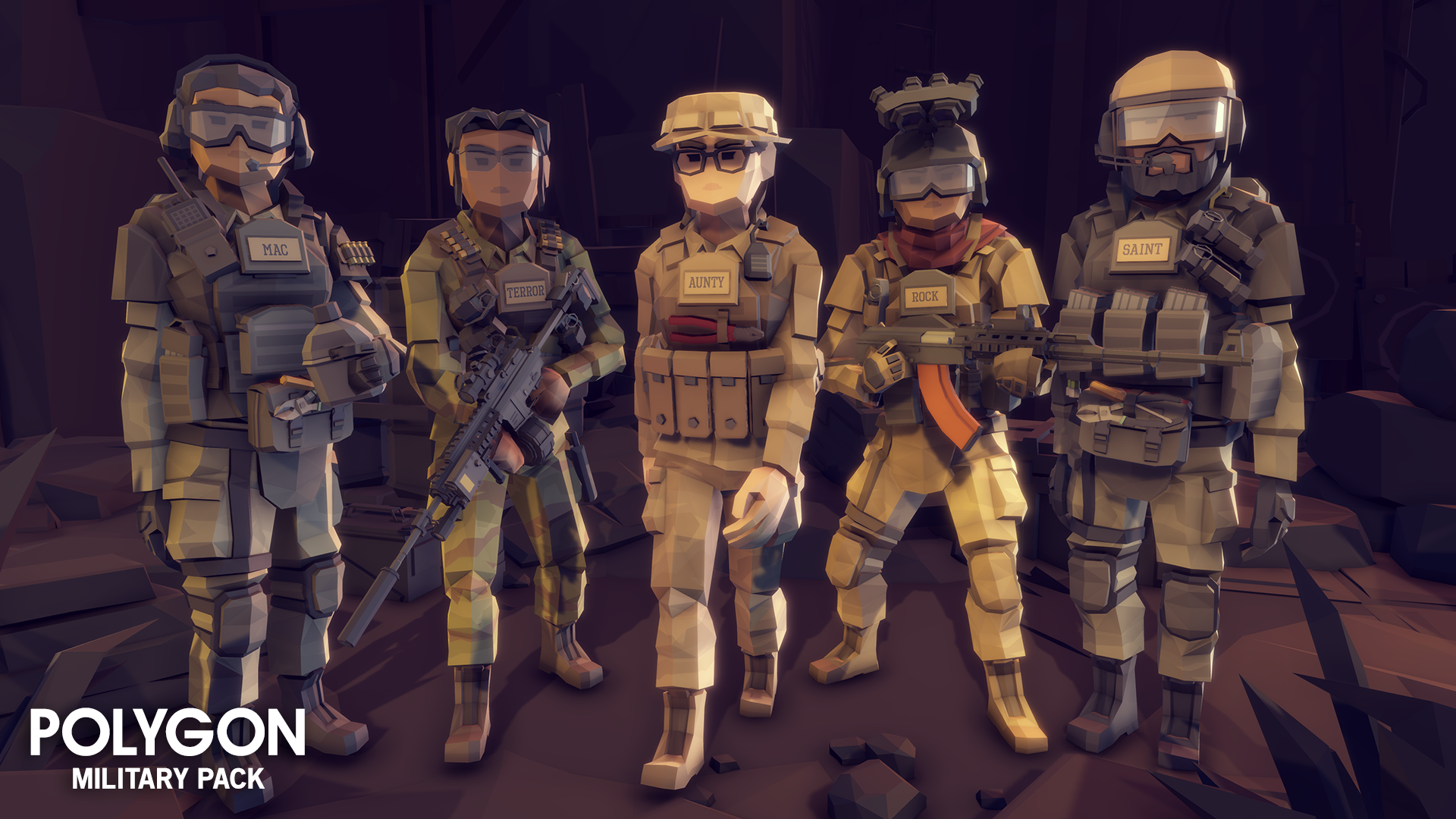 Five soldiers showcasing body armour and different ranged weapons