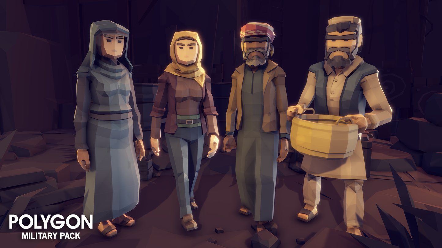 Four village character assets showcasing different clothing options