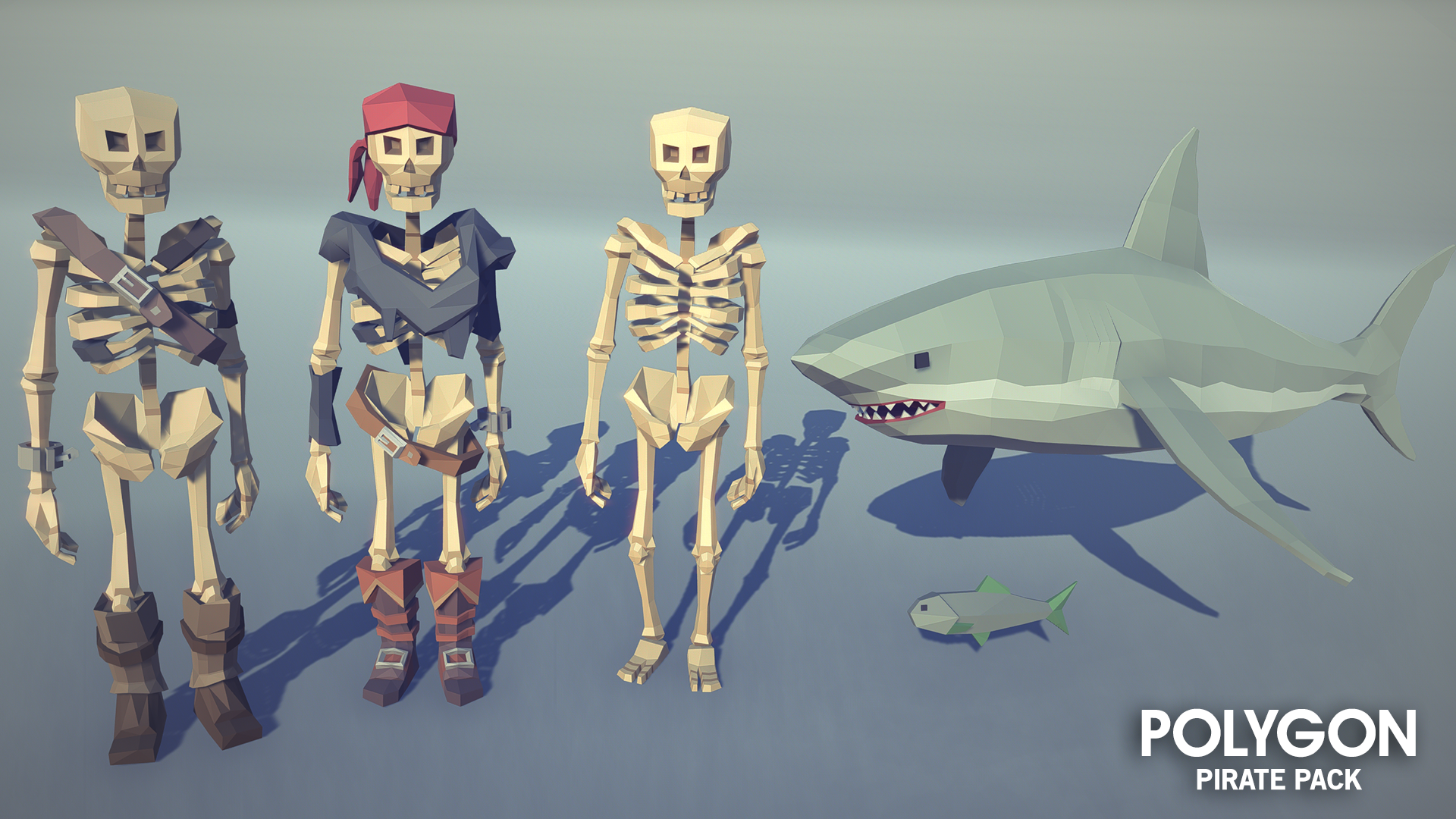 POLYGON Pirate Pack character examples including 3D pirate skeletons and low poly wildlife such as fish and sharks