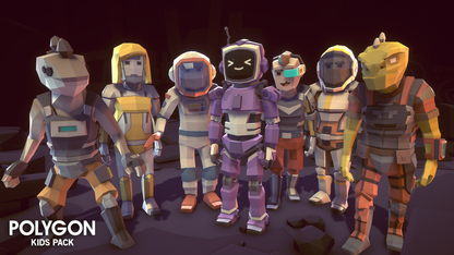 Seven sci fi game kids character assets standin together