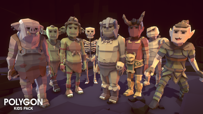 Goblin, skelton and elf kid character asset figures standing together