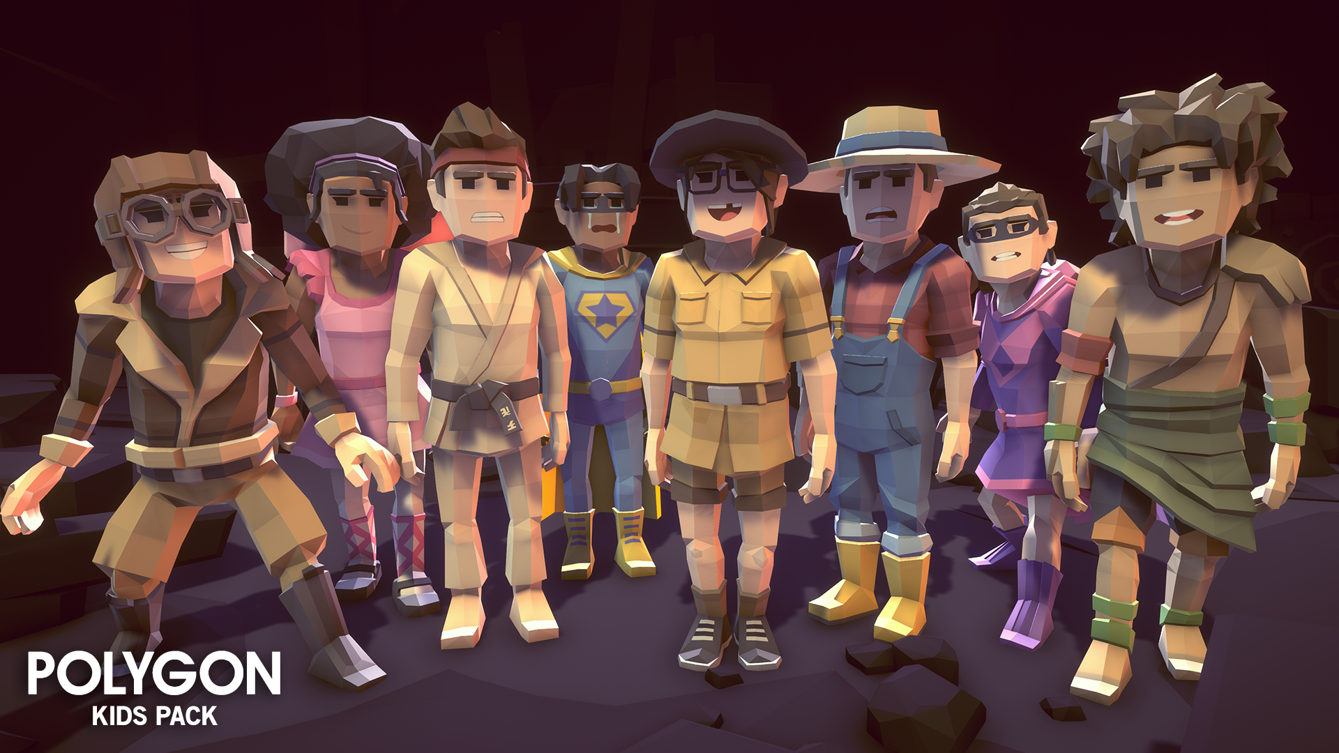 Various 3D figures displaying clothing options from the POLYGON Kids Pack