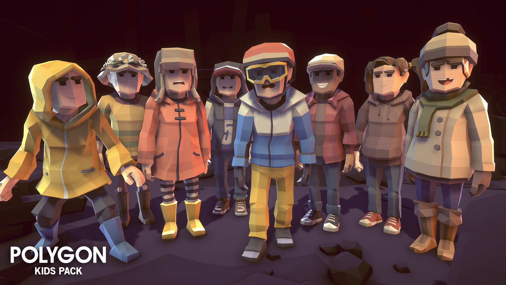 Winter clothing kids character figure assets standing together facing the camera