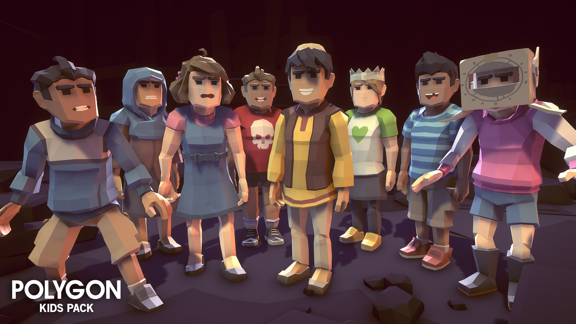 Kid character assets standing together in a group