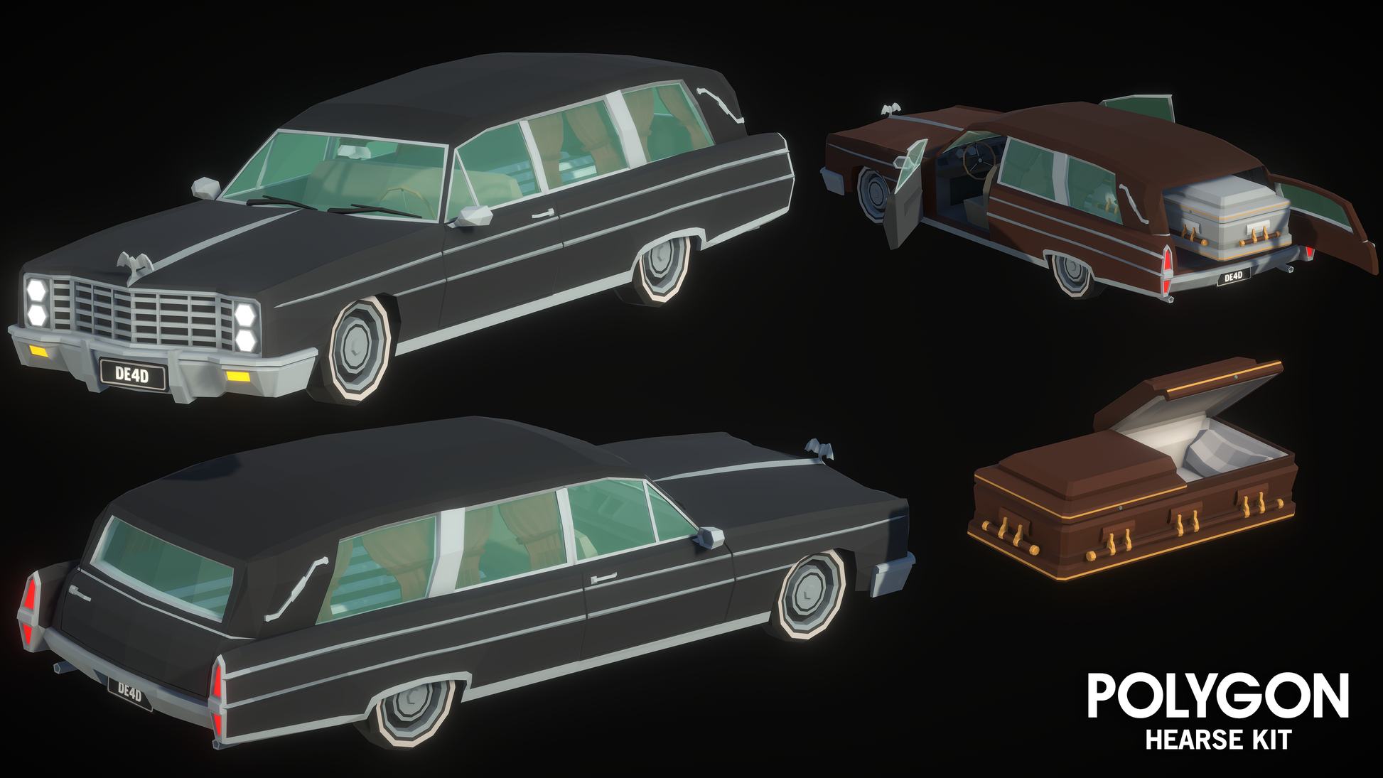 Hearse kit asset examples displaying different angles of the vehicles and coffin assets