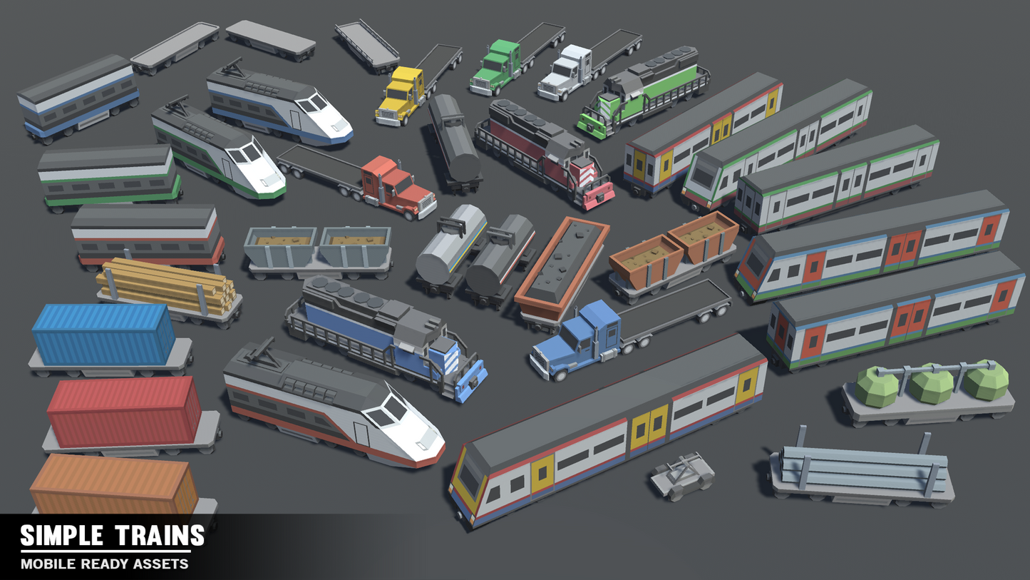 Individual train assets from the Simple Trains cartoon asset pack for Unity and Unreal Engine