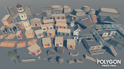 Low poly prefab construction objects for designing coastal towns and villages