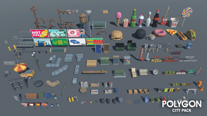 Low poly city architecture objects, props, signs and decoration assets