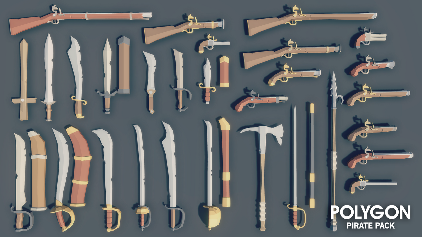 Low poly pirate swords, knives and muskets