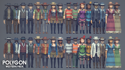 POLYGON  Western Pack 3D game character options including cowboys, gunmen, cowgirls, sheriff and common town folk