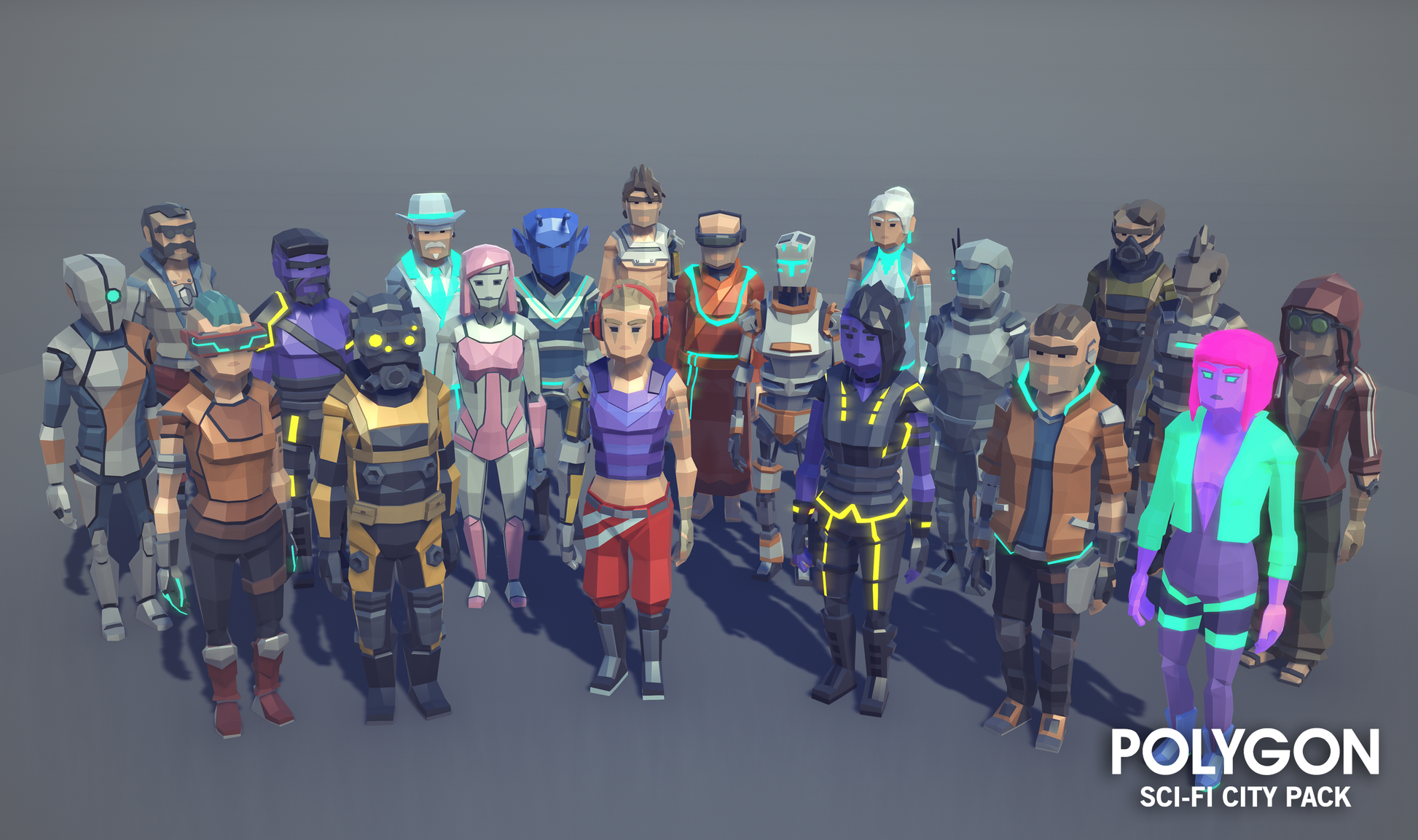 Sci-Fi City Pack characters displaying futuristic fashion options