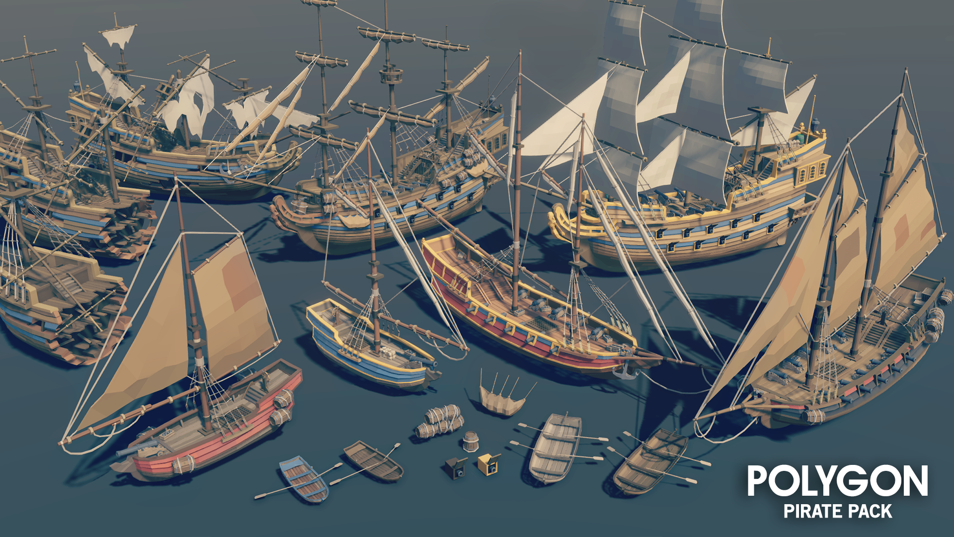 Examples of low poly pirate ships from the POLYGON Pirate Pack including destroyed and newly built ships