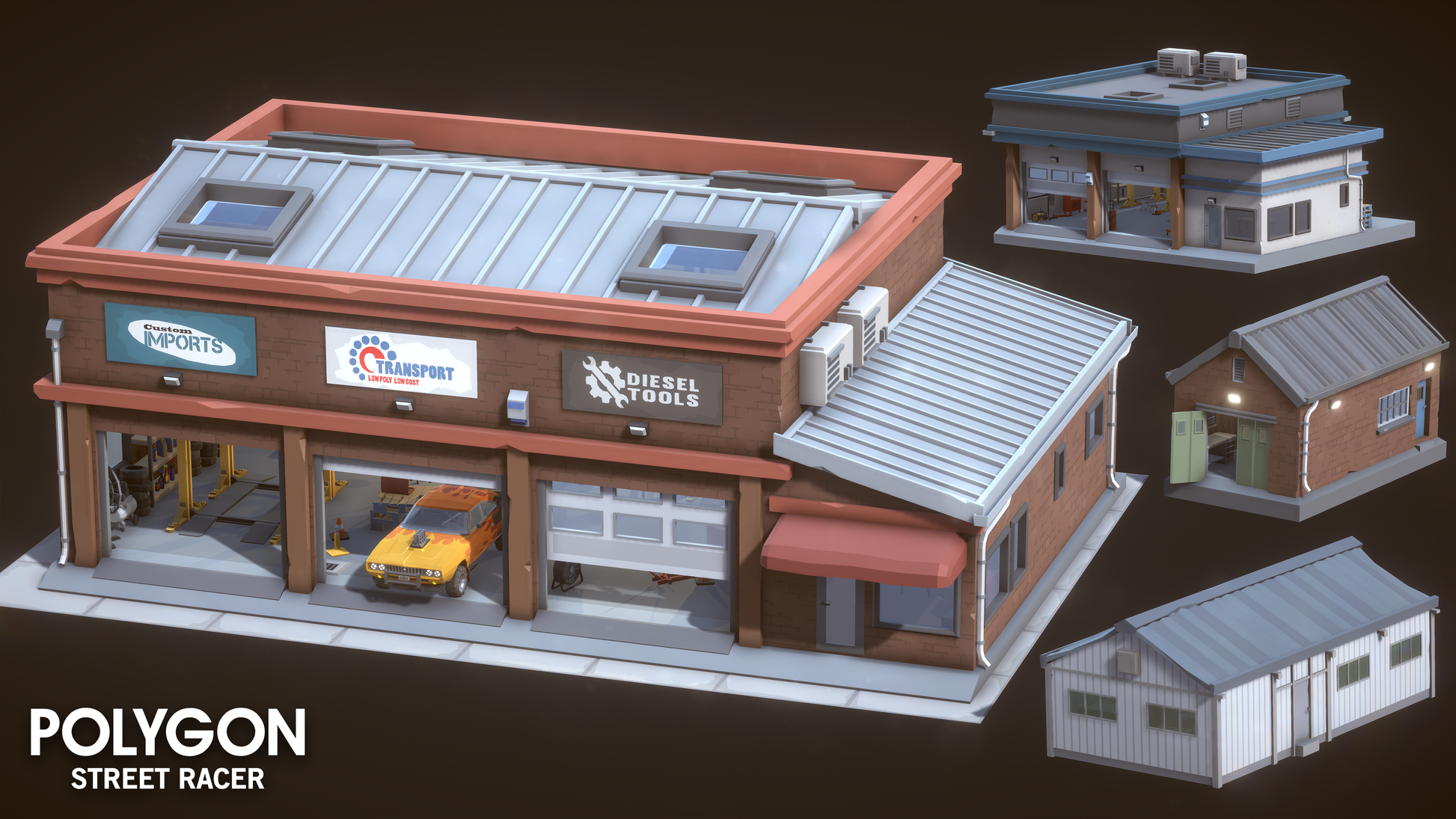 Car and body shop building assets for Unity and Unreal Engine games