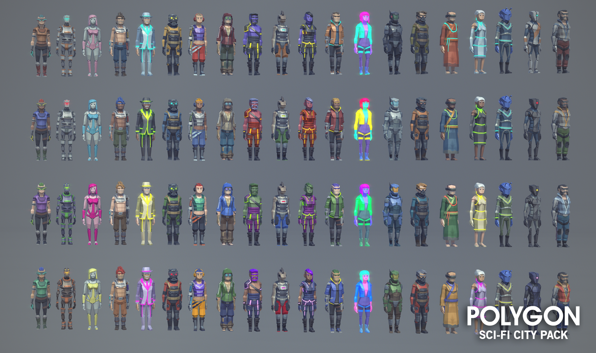 Low poly character assets available in the POLYGON Sci-Fi city pack