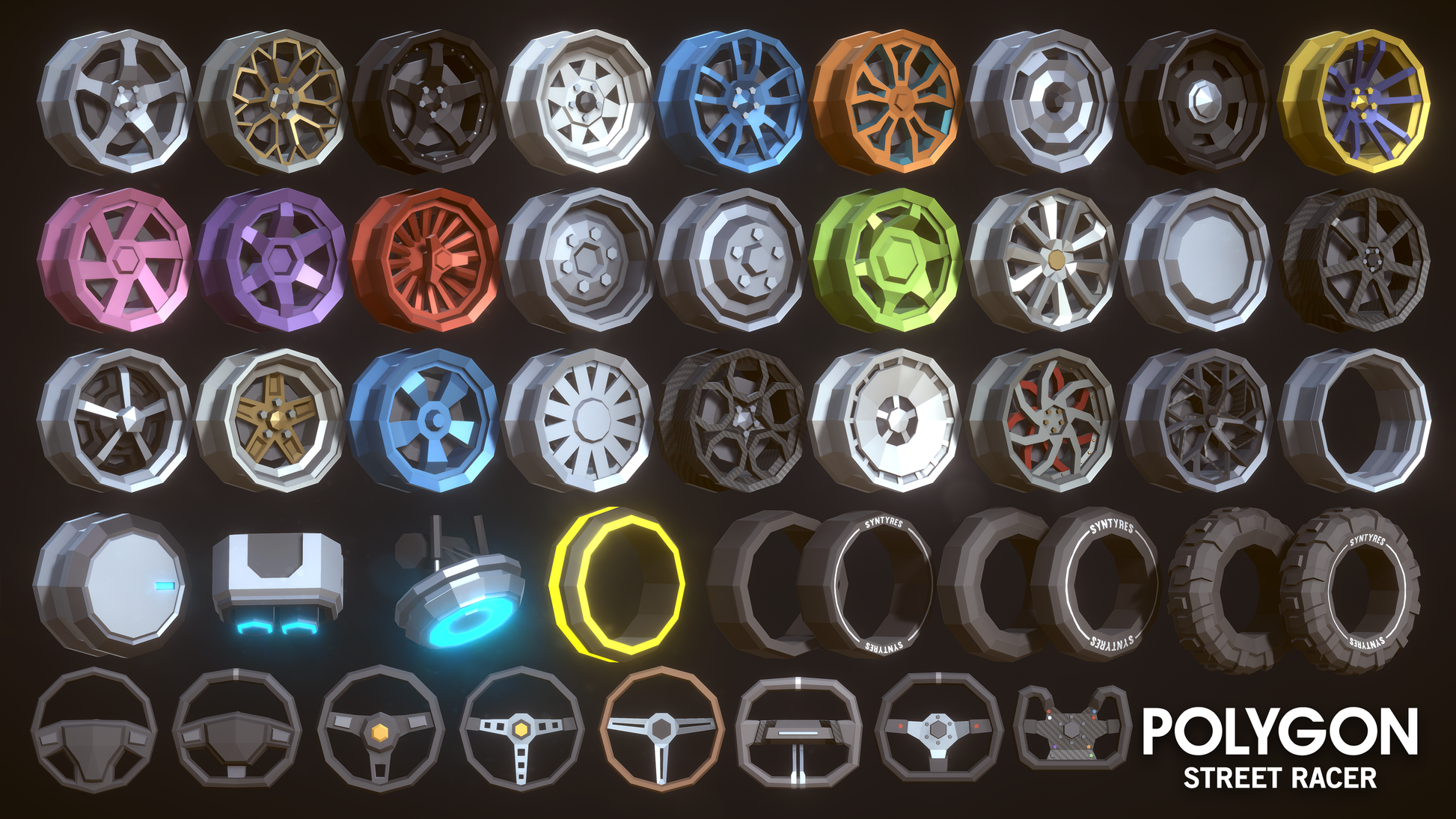 Layout of options for tyres, rims, breaks and steering wheels for street racing games