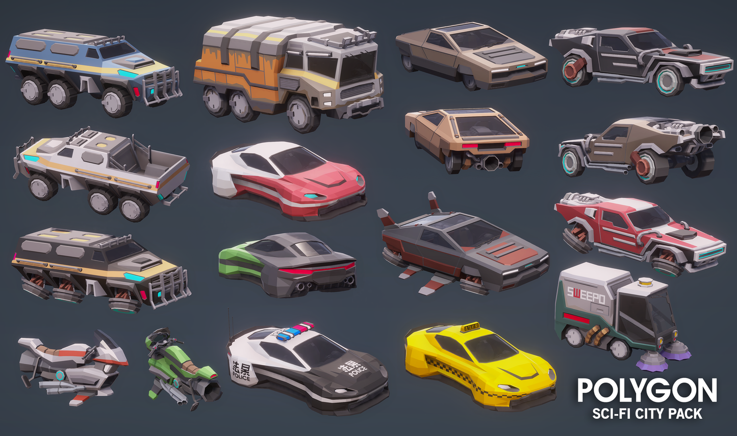 Low poly government and municipal vehicle assets that would fit in with a science fiction inspired city