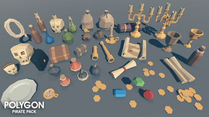 Pirate ship objects including candles, potions, gold coins, rubies and telescopes