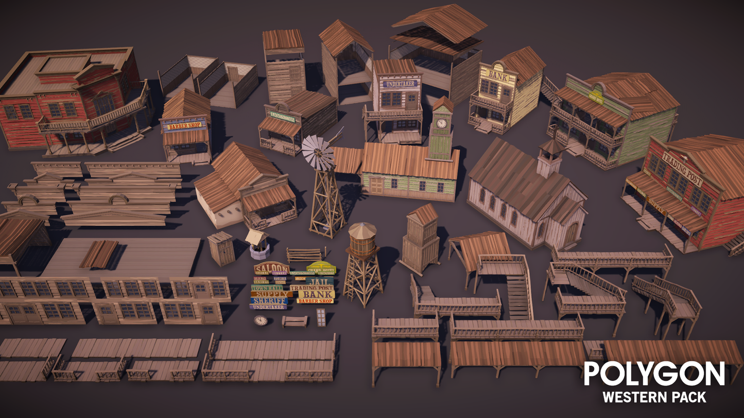 POLYGON Western Pack modular building assets including windmills, farm houses, banks, hotels, trading posts and train station