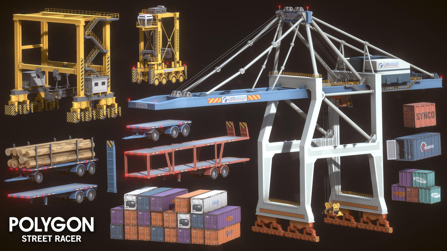 Shipping container yard crane and transport vehicle assets for 3D games