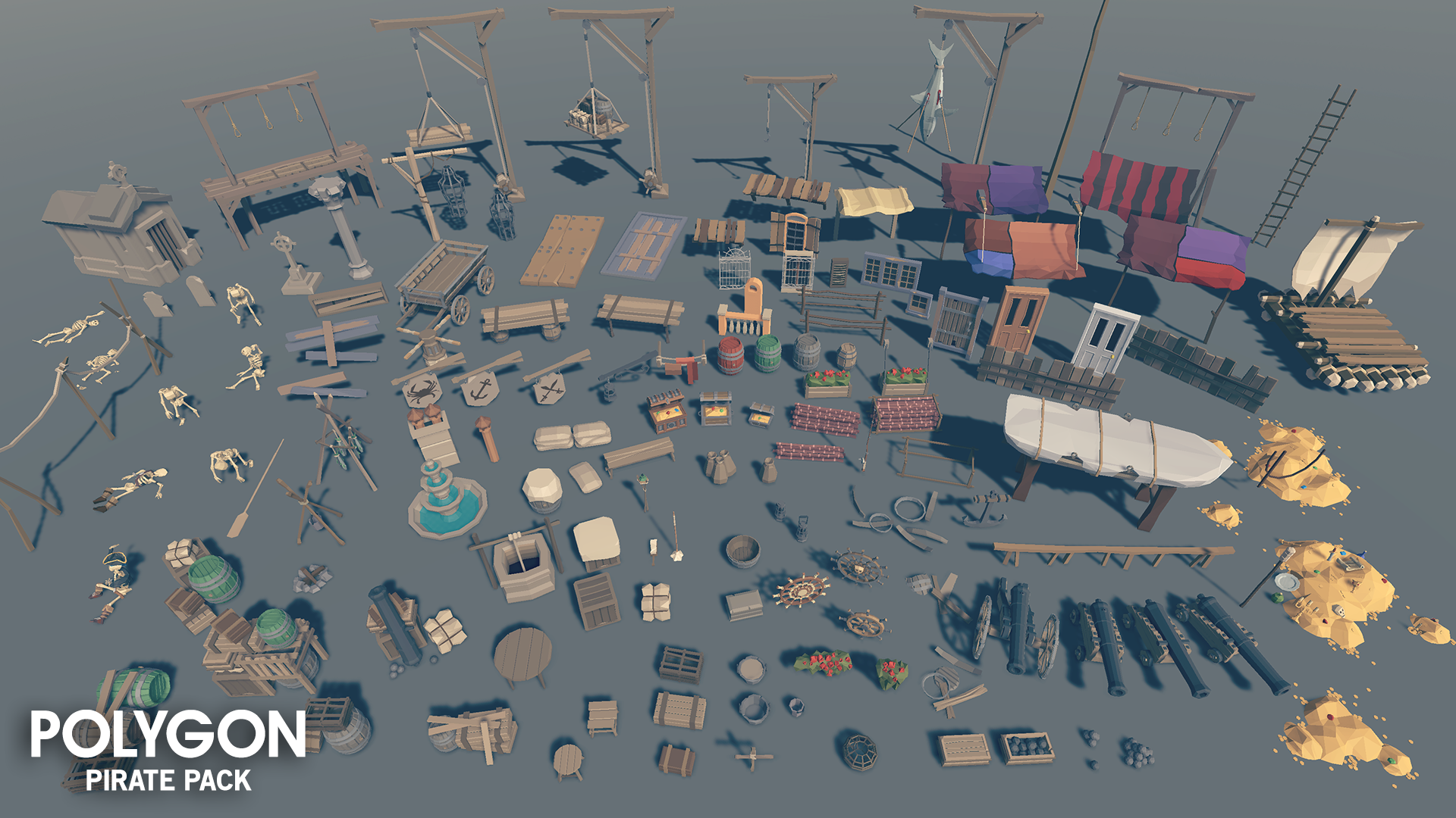 Assets from the POLYGON Pirate Pack to build out a pirate coastal village 