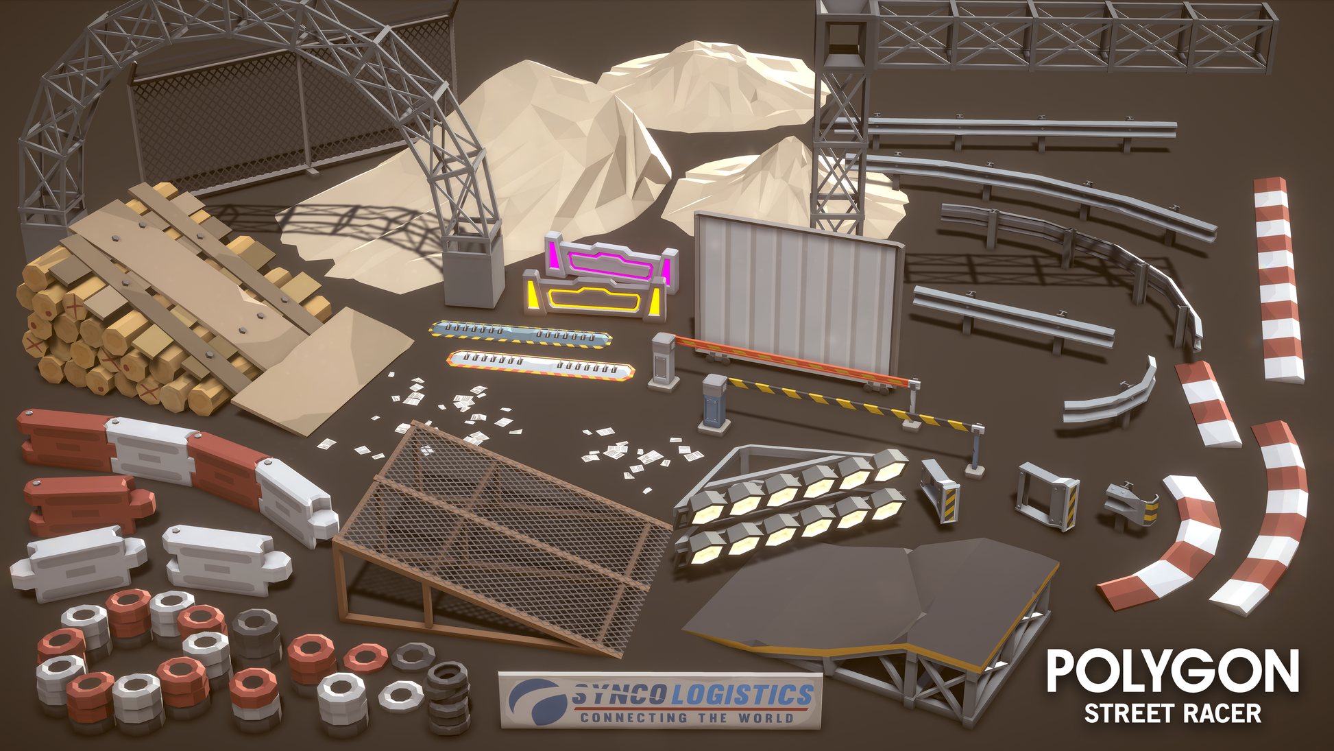 Logistics and transport equipment for designing shipping yard race track environments