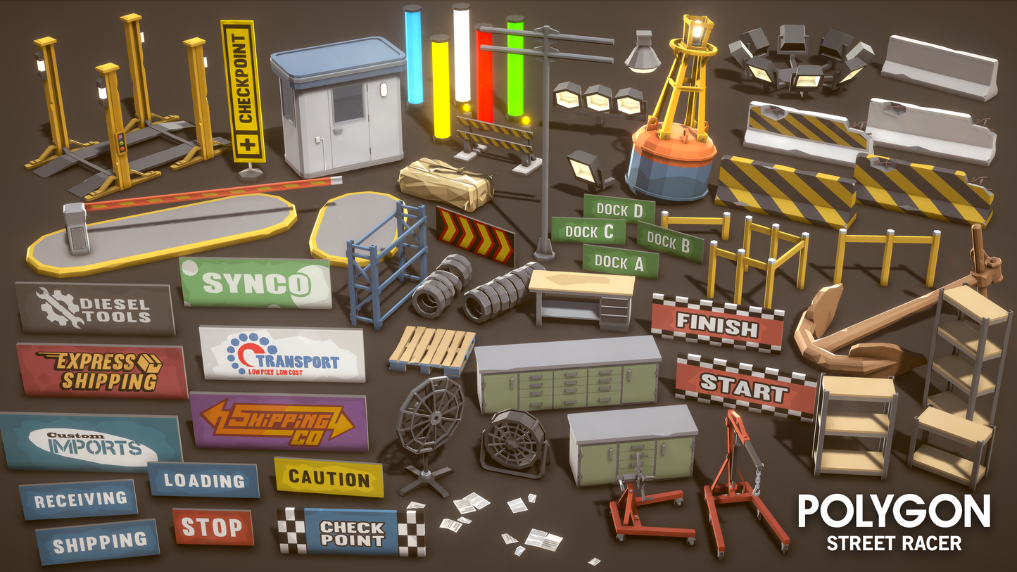 Shipping yard street racing assets for creating immersive environments and levels for games