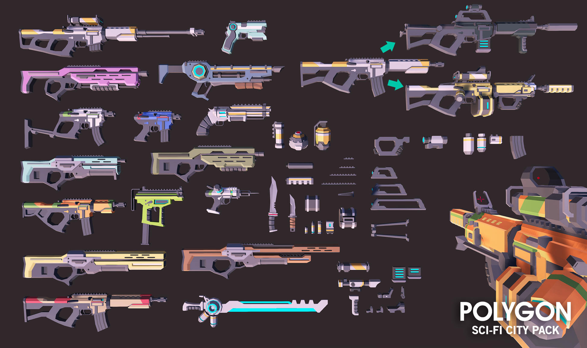 Low poly science fiction guns and laser weapon game assets