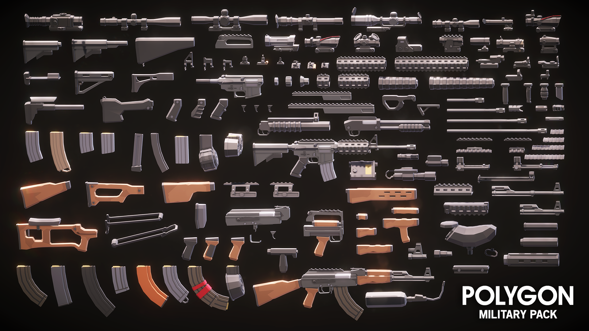 Modular gun assets for 3D low poly game development