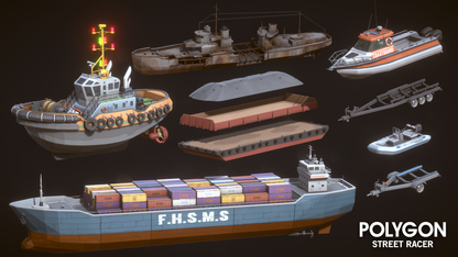 3D ship and boat assets in different sizes for populating a 3D game harbour