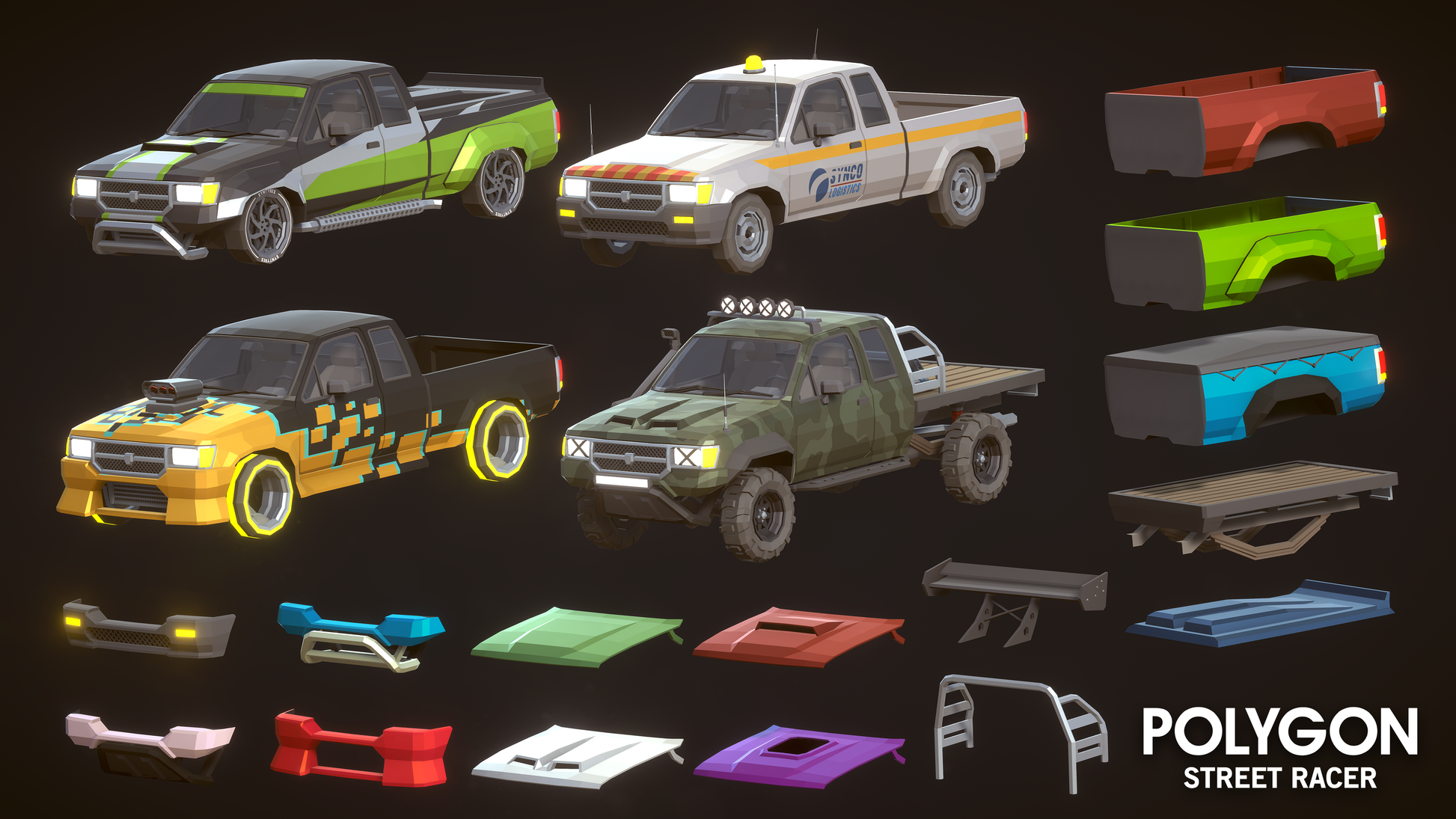 Trailer, fender and hood body kits for racing trucks