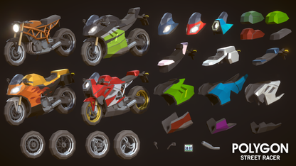 3D low poly tyres, seats, headunits and exhausts for racing bikes