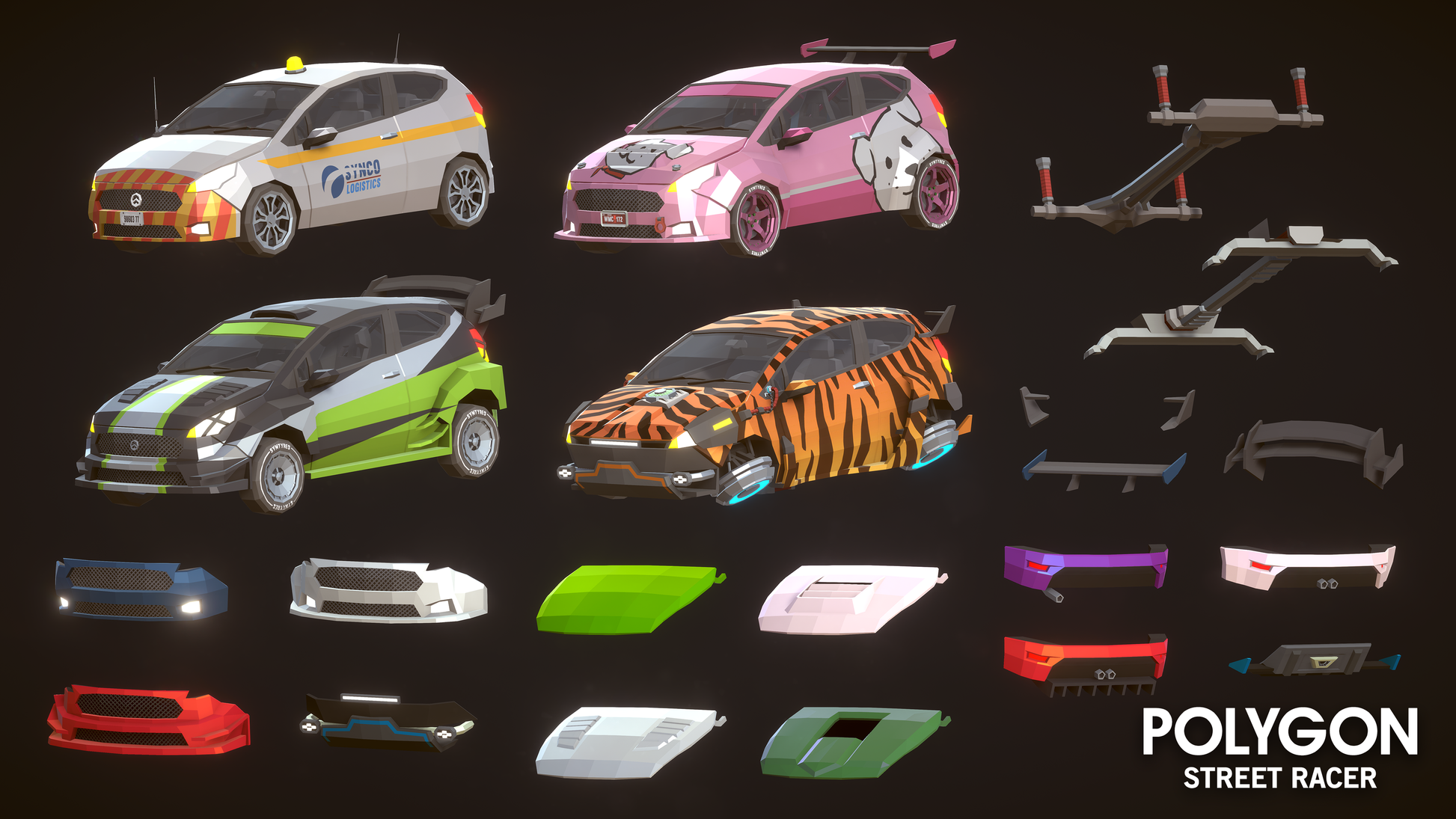 Spoilers, Wheels, Tyres and Roof Scoops 3D assets for low poly racing games