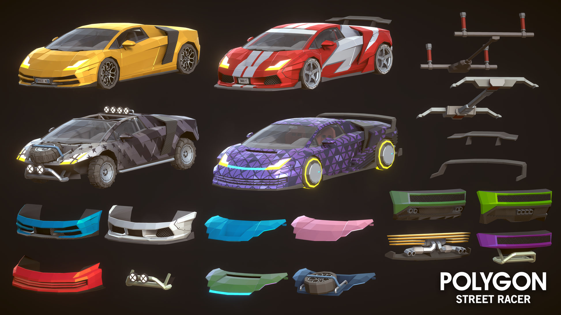 Examples of bumper, fender, axle and body parts for customised race cars