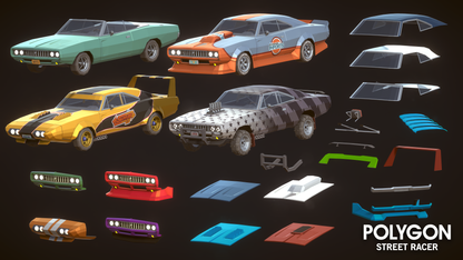 Hood, engine, bumper and body kits for 3D low poly muscle cars