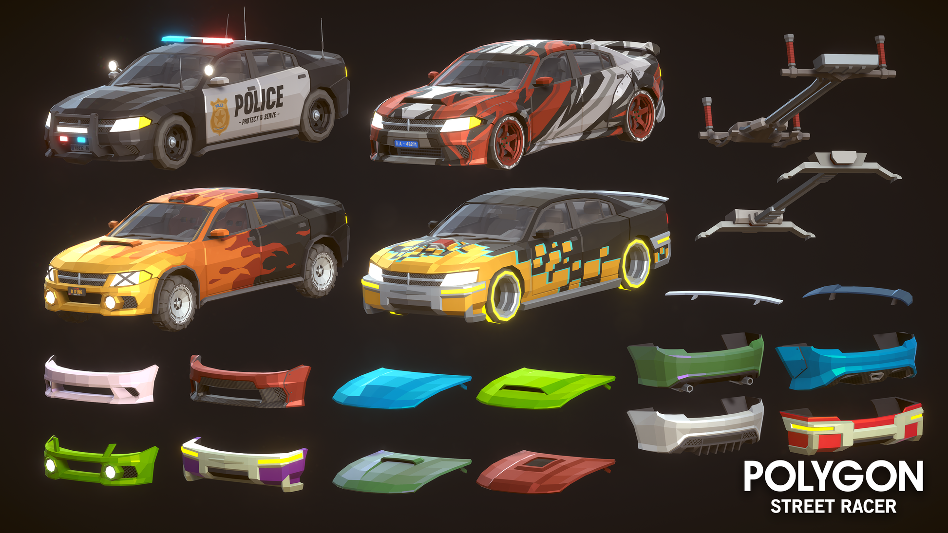 3D Bumpers, Bonnets, Side Skirts, Spoilers for low poly racing cars