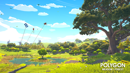 3D kites flying in a meadow forest