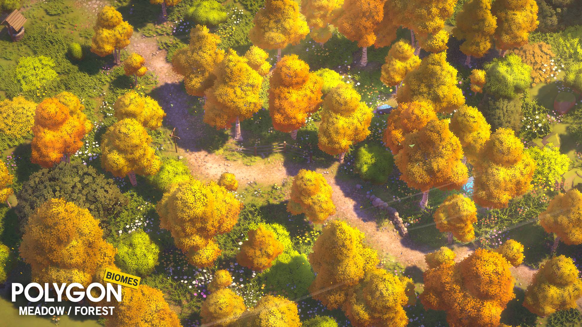 Aerial view of a 3D low poly meadow forest in the daylight