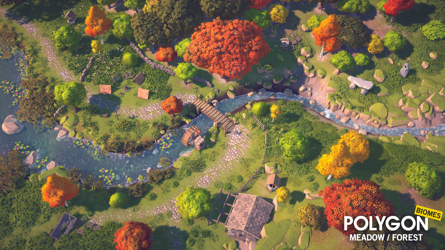 Ariel view of a stream, bridge and water wheel near a villlage home in the middle of a forest