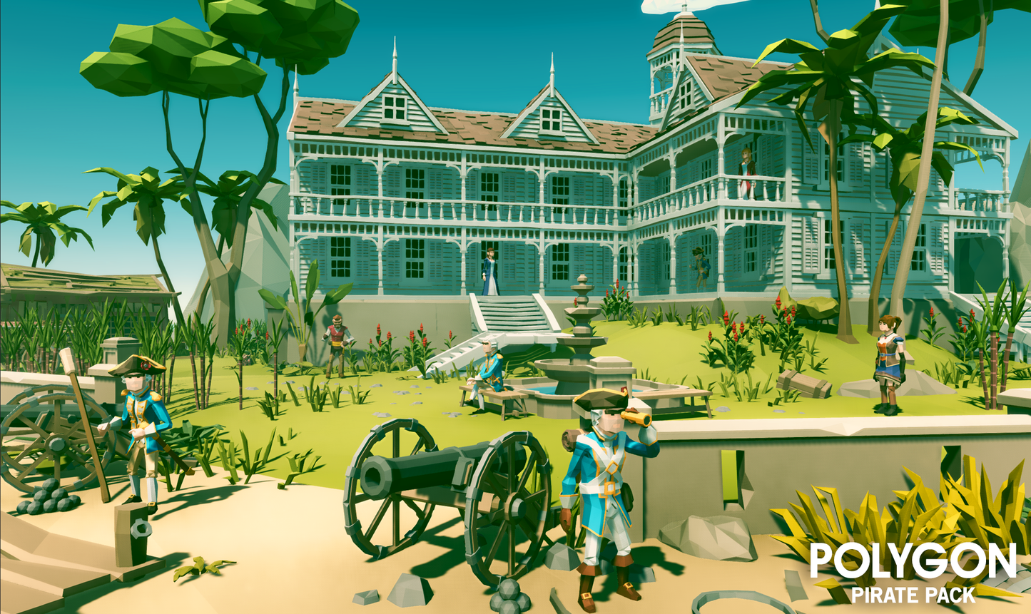 Victorian era characters with cannons guarding a large house built on an island