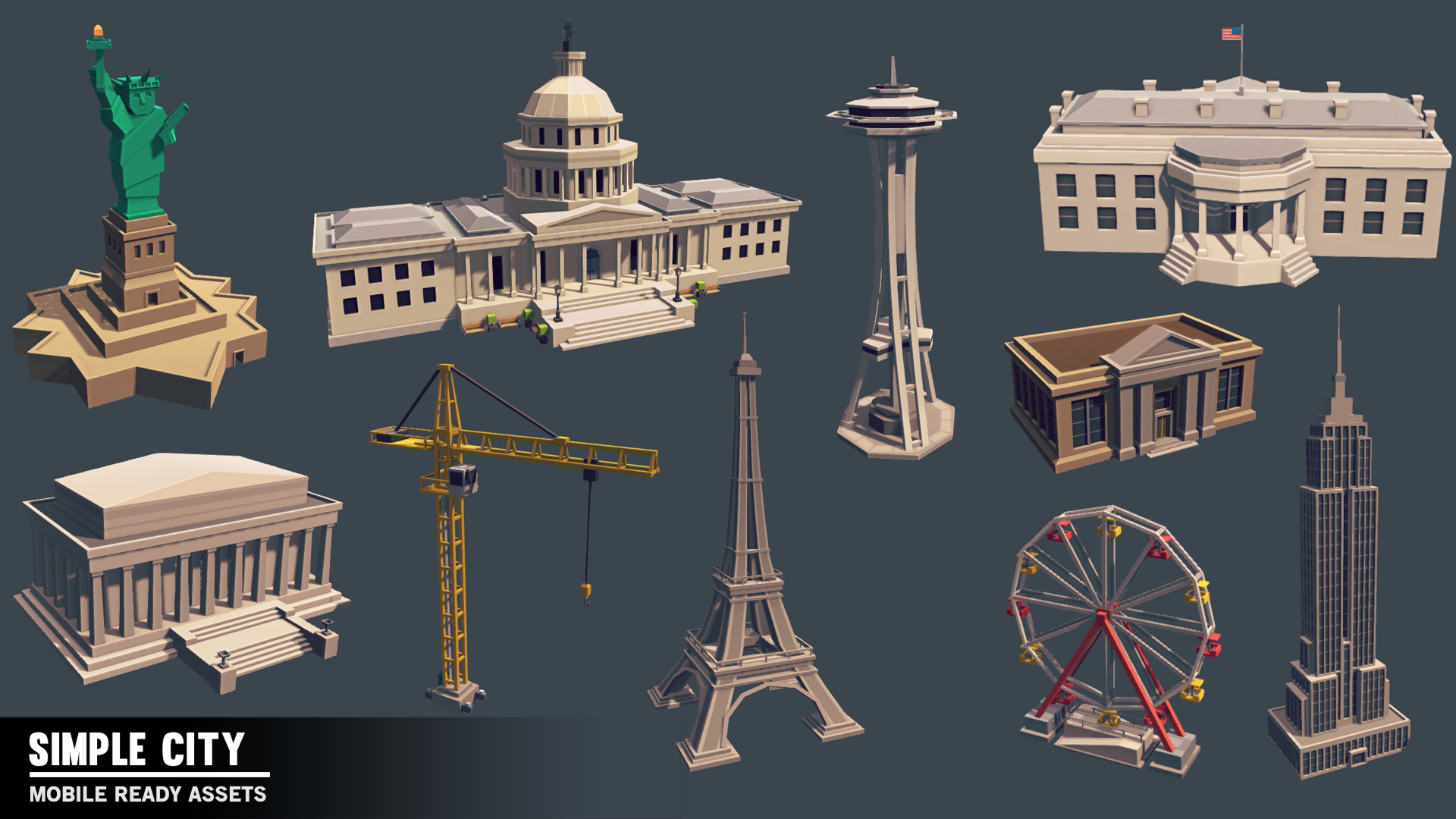 Iconic landmarks from the United States for building 3D low poly games