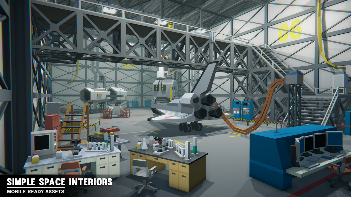 A low poly spaceship refuelling in a warehouse facility