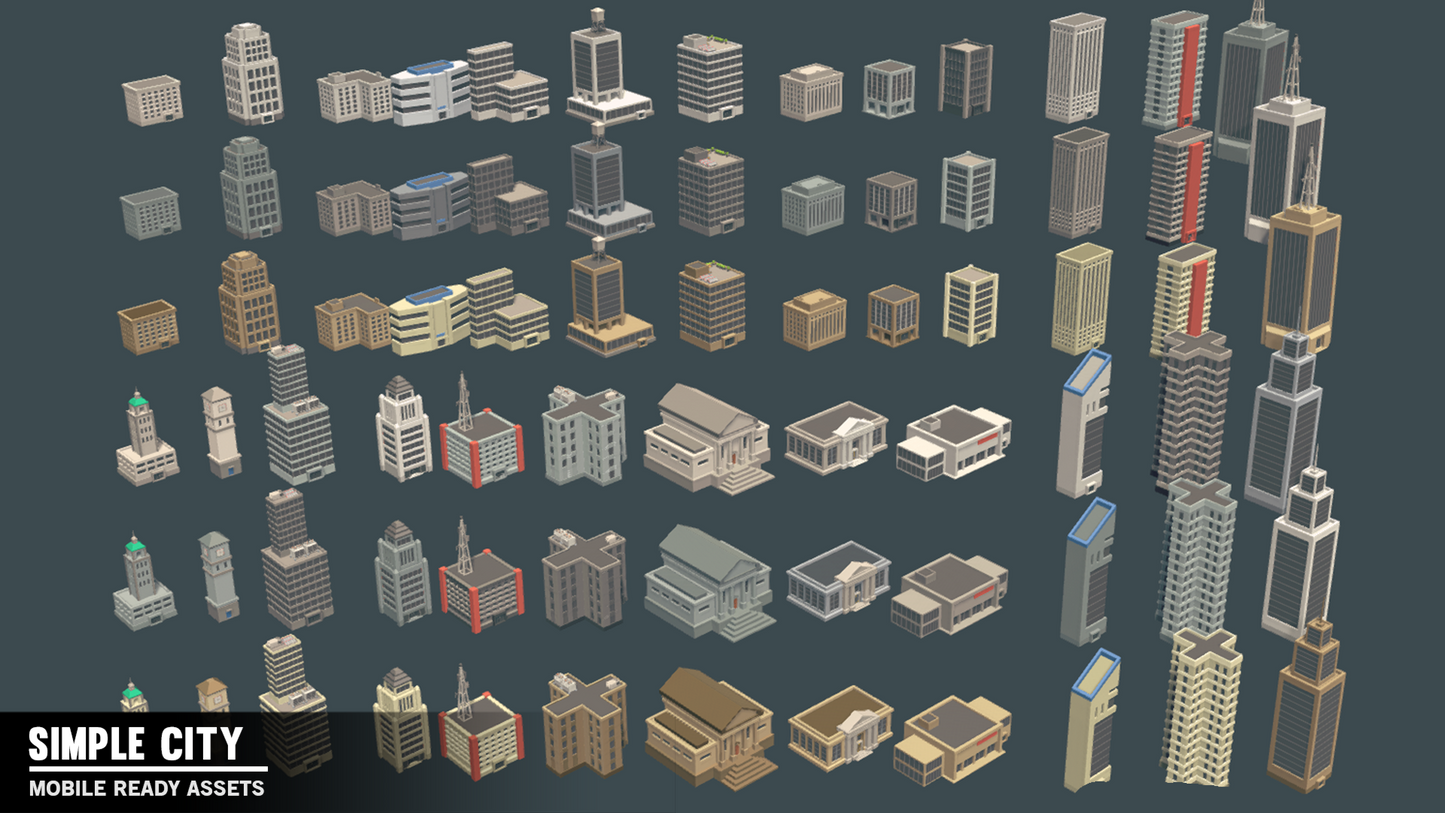 Various examples of buildings and skyscraper game assets from the Simple City Pack