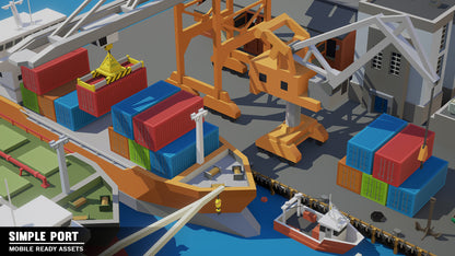 A large ship receiving containers from a crane operator at a busy harbour all built using Simple Port game assets