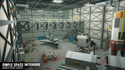 A rocket ship in a spacestation warehouse with various equipment and components around the craft